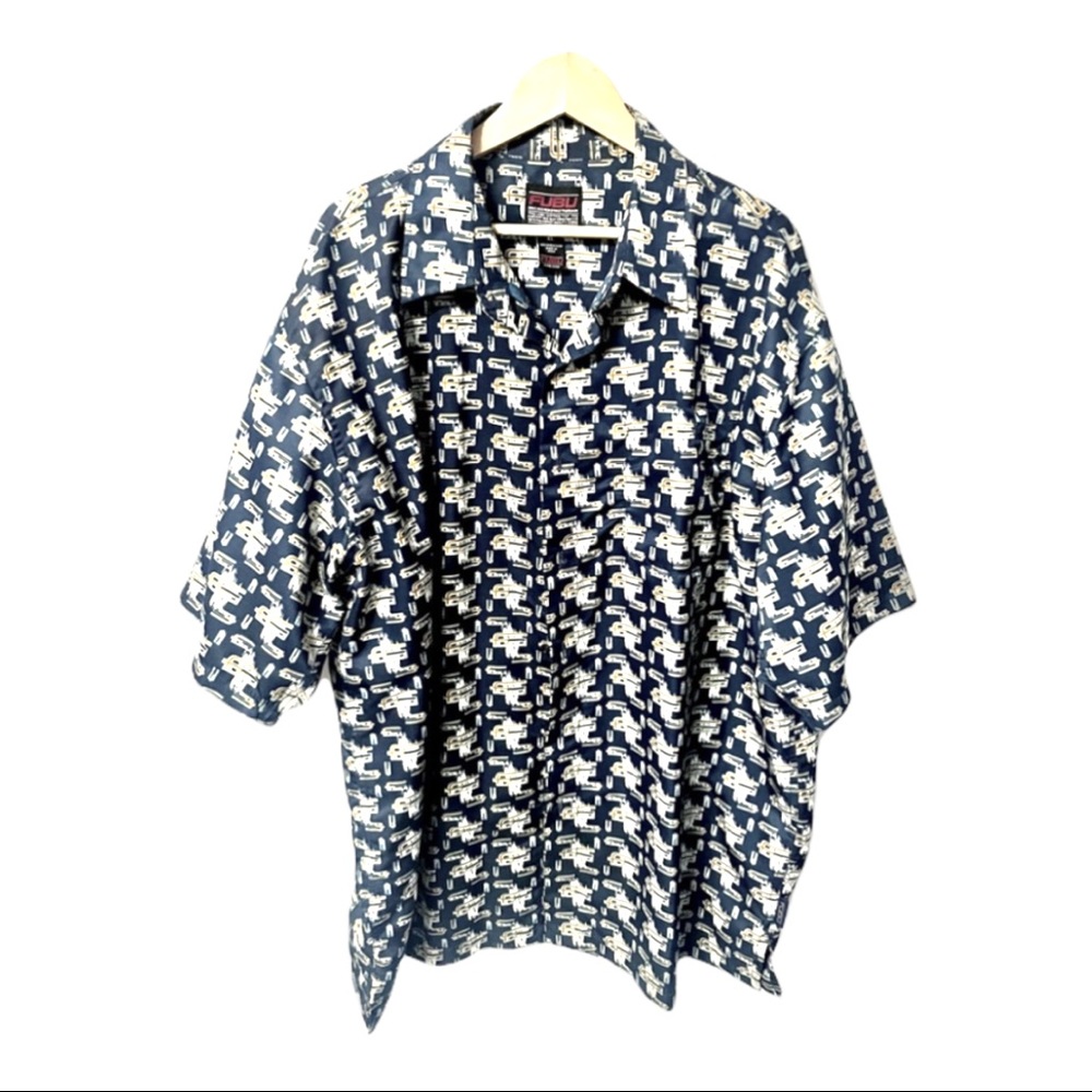 Vintage FUBU rare iconic name printed silky button down shirt sleeve #A